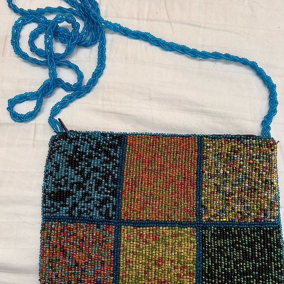 Vintage Hipster Colorful Beaded Cross body Purse Colorblock Pattern Squares - Picture 4 of 9